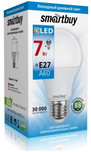 Светодиодная (LED) Лампа Smartbuy-A60-07W/6000/E27 (7W/холодный/E27) (заказ кратно 10шт)