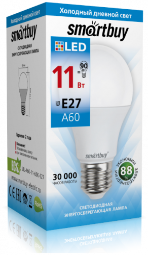 Светодиодная (LED) Лампа Smartbuy-A60-11W/6000/E27 (11W/холодный/E27) (заказ кратно 10шт)