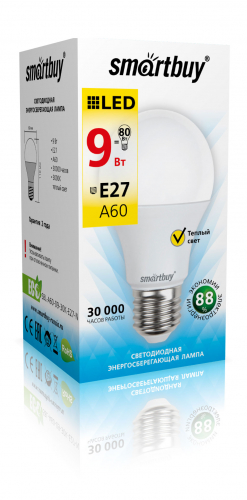 Светодиодная (LED) Лампа Smartbuy-A60-09W/3000/E27 (9W/теплый/E27) (заказ кратно 10шт)
