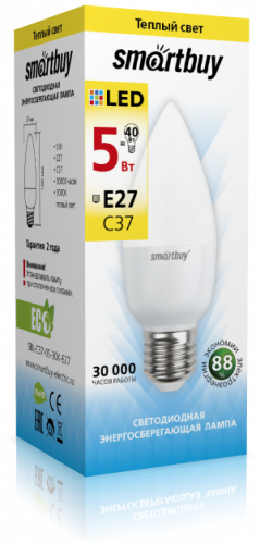 Светодиодная (LED) Лампа Smartbuy-С37-05W/3000/E27 (5W/теплый/E27) (заказ кратно 10шт)