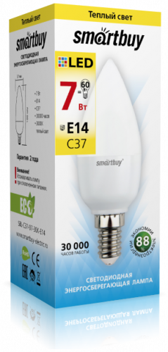 Светодиодная (LED) Лампа Smartbuy-С37-07W/3000/E14 (7W/теплый/E14) (заказ кратно 10шт)