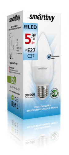Светодиодная (LED) Лампа Smartbuy-С37-05W/4000/E27 (5W/белый/E27) (заказ кратно 10шт)
