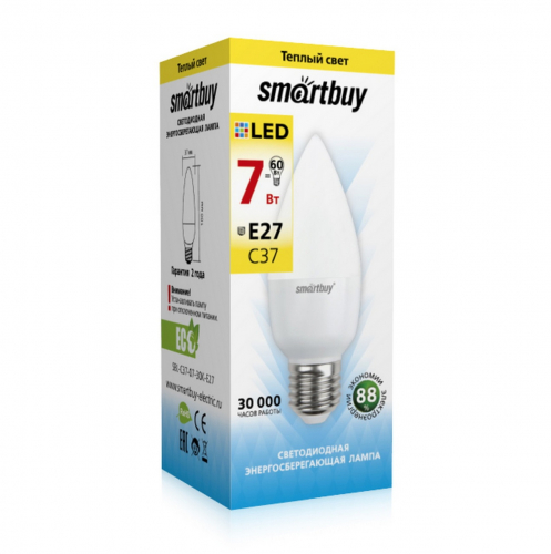 Светодиодная (LED) Лампа Smartbuy-С37-07W/3000/E27 (7W/теплый/E27) (заказ кратно 10шт)