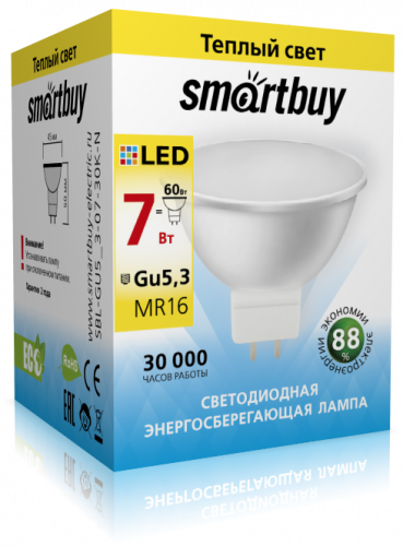 Светодиодная (LED) Лампа Smartbuy-Gu5,3-07W/3000 (7W/теплый/Gu5.3) (заказ кратно 10шт)