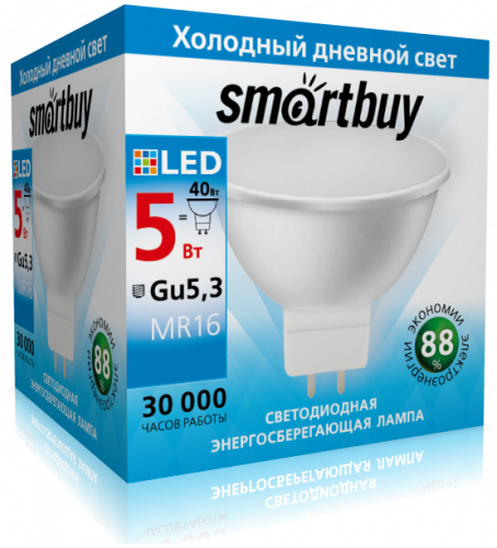 Светодиодная (LED) Лампа Smartbuy-Gu5,3-05W/6000 (5W/холодный/Gu5.3) (заказ кратно 10шт)