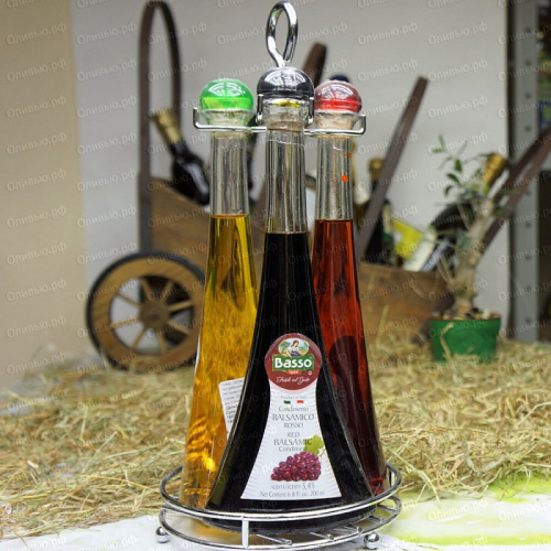 Набор столовый Basso с подставкой: (оливковое масло EXTRA VIRGIN + уксус бальзамический + оливковое масло EXTRA VIRGIN с перцем чили) 3*200 мл