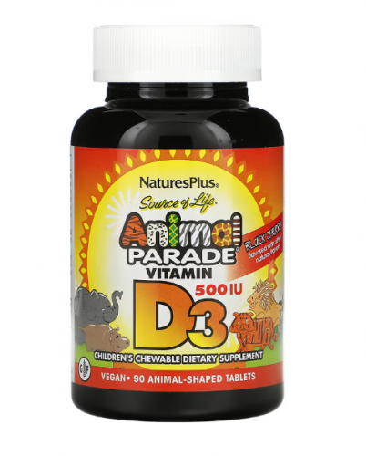 NaturesPlus, Source of Life, Animal Parade, витамин D3, со вкусом натуральной черешни, 500 МЕ, 90 таблеток в форме животных