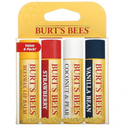 BURT'S BEES Moisturizing Lip Balms, Assorted Flavors, 4 Pack, 0.15 oz (4.25 g) Each