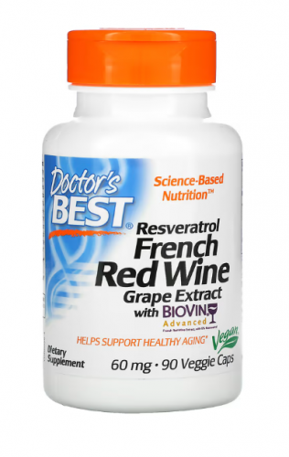 Doctor's Best, ресвератрол из экстракта французского красного винного винограда, 60 мг, 90 вегетарианских капсул
