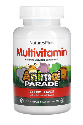 Натурес Плюс, Animal Parade, добавка для детей в виде жевательных мультивитаминов, со вкусом вишни, 180 таблеток в форме животных