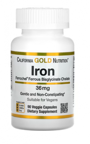 California Gold Nutrition, Ferrochel, железо (бисглицинат), 36 мг, 90 растительных капсул