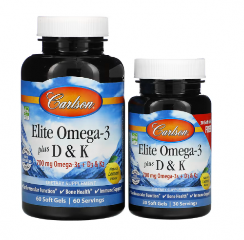 Carlson, Elite Omega-3 с витаминами D и K, натуральный лимонный вкус, 60 (+ 30 бонусных) мягких капсул