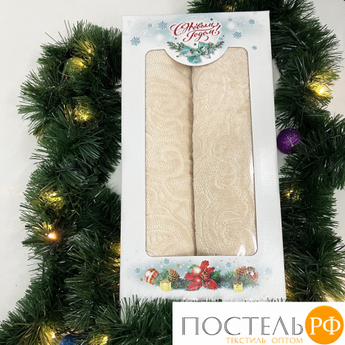 Набор из 2 велюровых полотенец 70х135 см Eleganta Aphrodite 500 г/м2, светло-бежевый (Новогодняя коробка)
