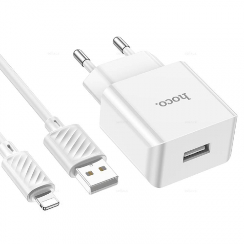 Сетевое зарядное Hoco C106A, Lightning (2100мА) 1USB выход + кабель, белое, блистер (30)