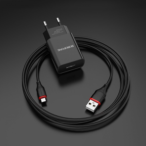 Сетевое зарядное Borofone BA20A microUSB B (2100мА), 1USB выход + кабель, черное, блистер (48/192)