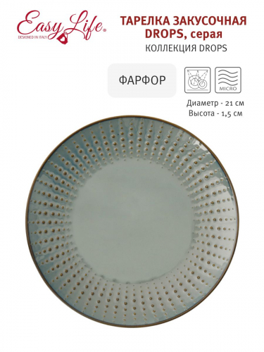 Тарелка закусочная Drops, серая, 21 см, 60305