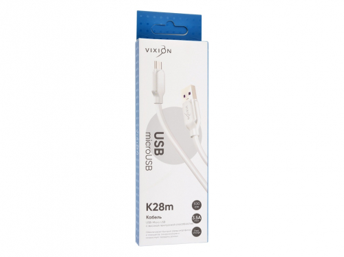 Кабель Vixion K28m USB A, microUSB B, ПВХ, 3,5A, белый 1м, в коробке