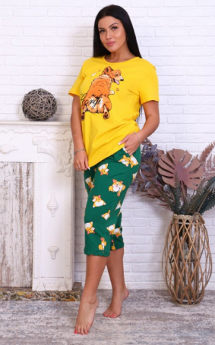 1235 Пижама женская бриджи-футболка Корги хвостик, р. 46-56, цв.желтый