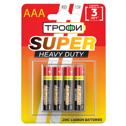 Батарейка AAA Трофи R03 SUPER HEAVY DUTY Zinc (4-BL) (40/960). sibaks