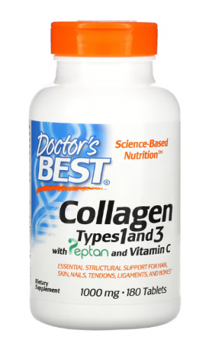 Doctor`s Best, коллаген типа 1 и 3 с Peptan и витамином C, 1000 мг, 180 таблеток