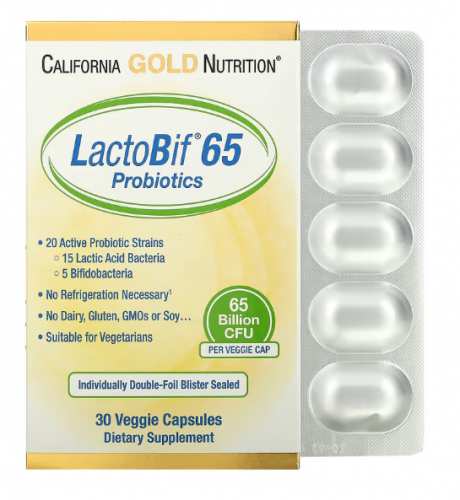 California Gold Nutrition, LactoBif, пробиотики, 65 млрд КОЕ, 30 вегетарианских капсул