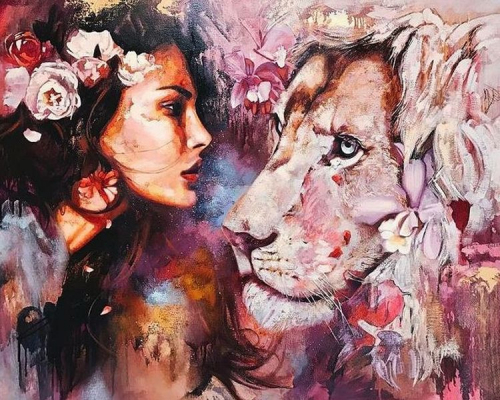 Алмазная мозаика круглыми стразами Девушка и лев