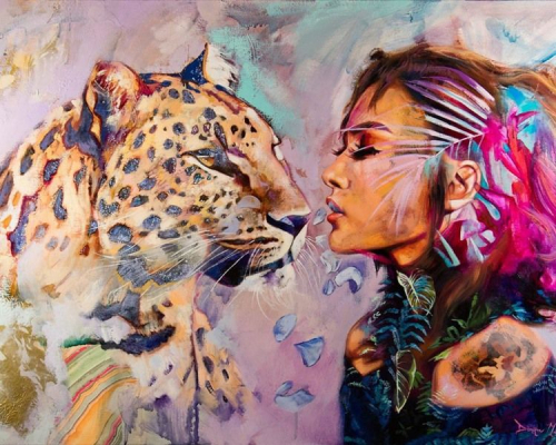 Алмазная мозаика круглыми стразами Леопард и женщина