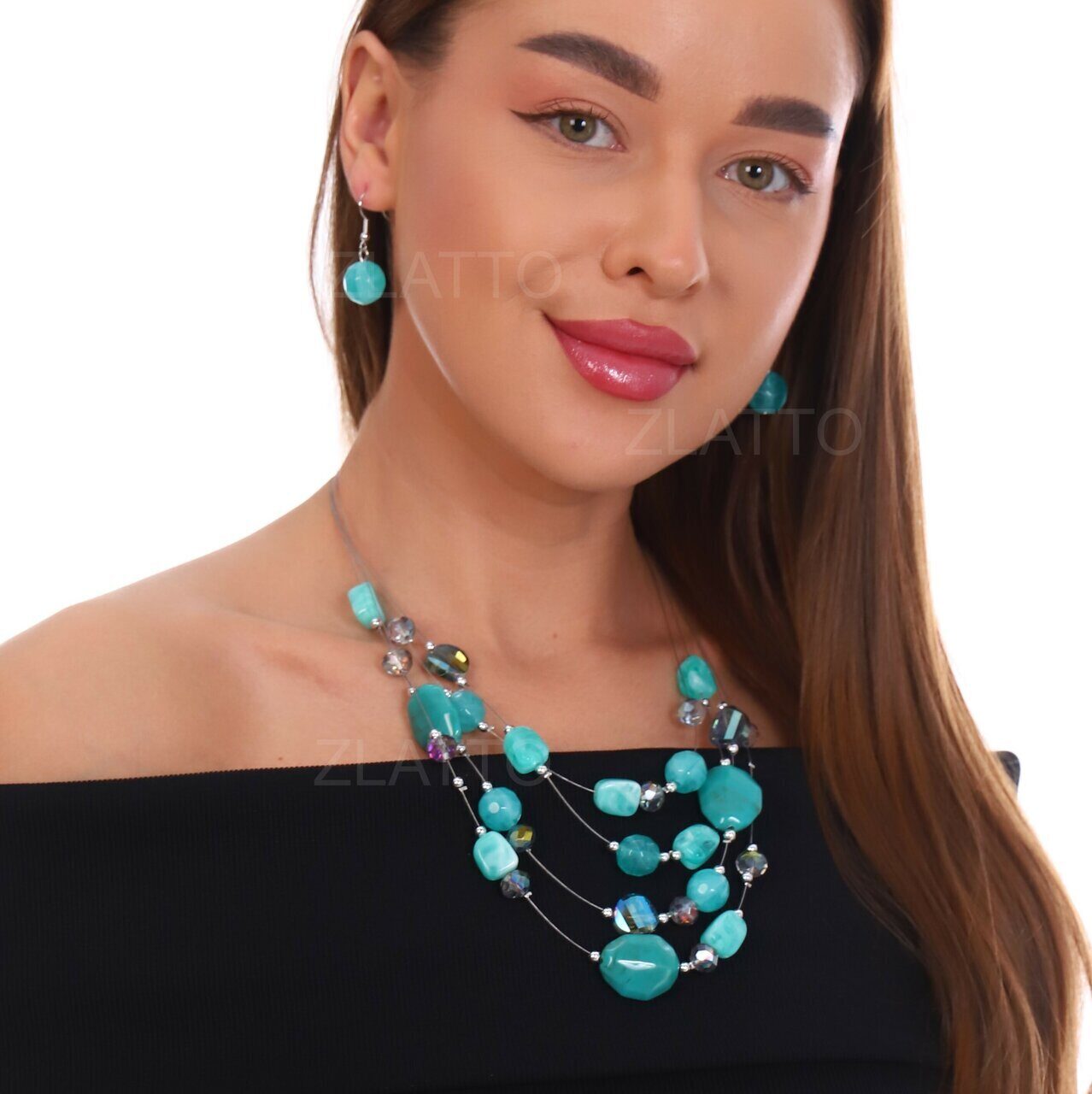 Комплект колье и серьги камень искуственный бирюзовый. zlatto-jewelry