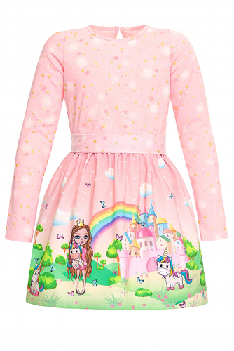 Платье АПРЕЛЬ #288459Звездное небо на розовом с глиттером+единороги и принцесса