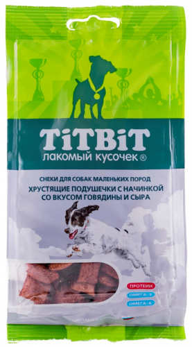 TiTBiT Хрустящие подушечки с начинкой со вкусом говядины и сыра для маленьких пород 95 г
