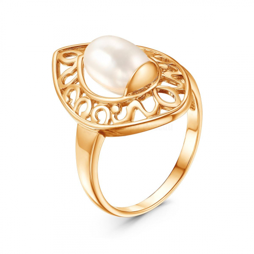 Кольцо женское из золочёного серебра с культивированным белым жемчугом