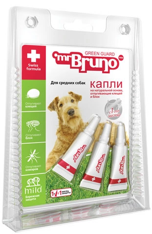 Mr. Bruno БиоКапли для ухода за шерстью животных и отпугивания насекомых для средних собак от 10 до 30 кг, 3 шт по 2,5 мл