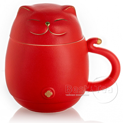 Кружка керамическая Котик с крышкой и керамическим ситом (красный)