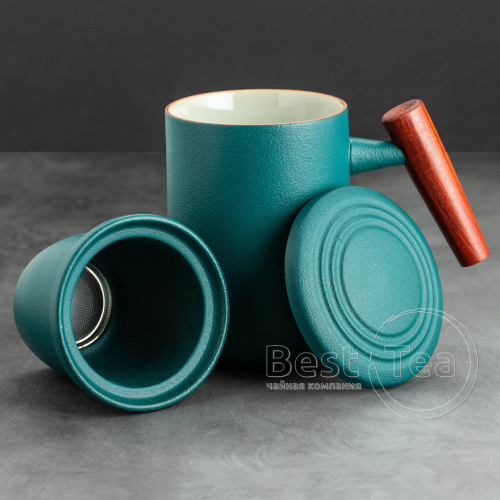 Кружка Дайсуги керамическая с крышкой и керамическим ситом (сине-зеленый)