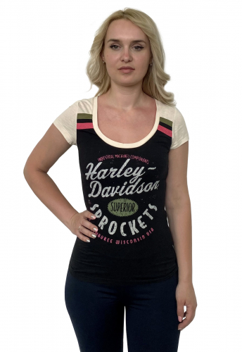 Стильная женская футболка Harley-Davidson – приталенный фасон + moto-принты на спинке и груди №1117