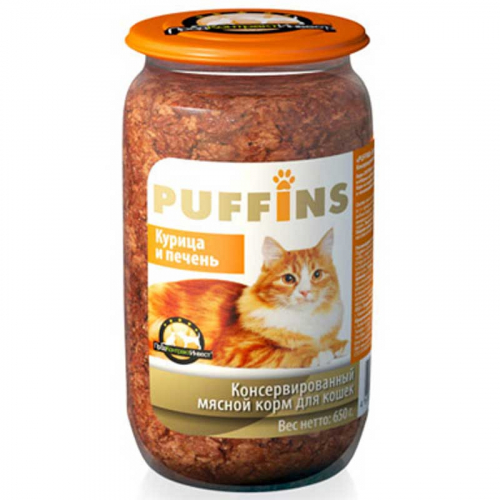 Пуффинс Консервированный корм для кошек (стеклобанка), 650 грамм, паштет, КУРИЦА/ПЕЧЕНЬ х8