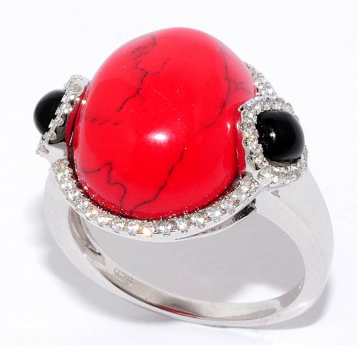 Серебряное кольцо с кораллом, ониксом и куб.цирконием