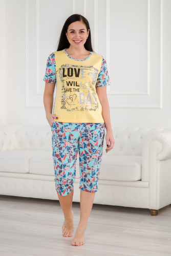 Пижама женская домашний интерлок из футболки и бридж LOVE желтый