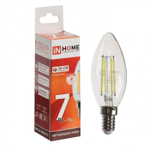 Лампа светодиодная IN HOME LED-СВЕЧА-deco, 7 Вт, 230 В, Е14, 6500 К, 830 Лм, прозрачная