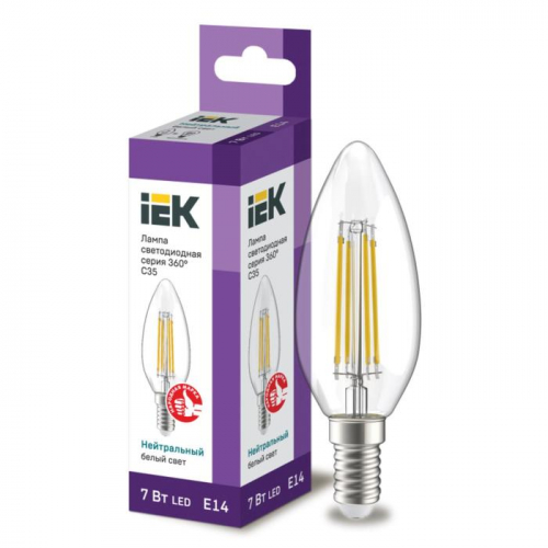Лампа светодиодная IEK LLF, Е14, 7 Вт, 4000 К, 840 Лм, филаментная, свеча