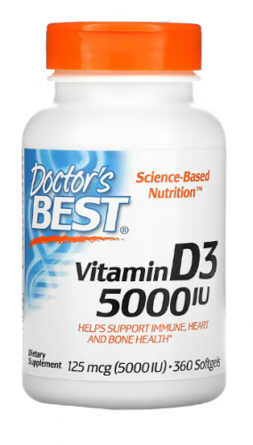 Doctor`s Best, витамин D3, 125 мкг (5000 МЕ), 360 мягких таблеток