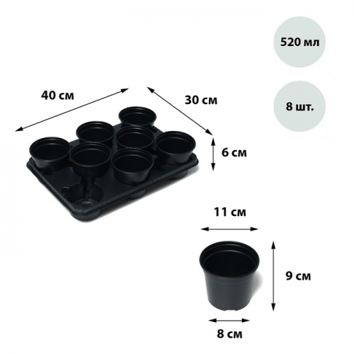 Набор для рассады: стаканы по 520 мл (8.), поддон 40 × 30 см, чёрный, Greengo