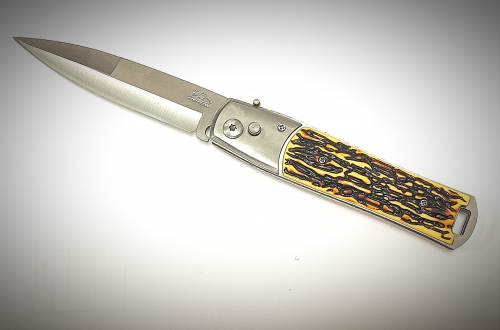 Нож Stainless, выкидной, в чехле, длина-24см, ручка олений рог с фиксатором-13,5см(A650)(83-020