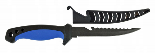 Нож, тип финка, 240мм, открывалка, пила, в пластиковых ножнах, цвет черный (84-001)
