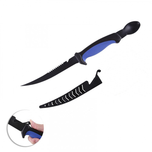 Нож филейный, 345мм, пила, ложка, в пластиковых ножнах, цв. черный (84-003)