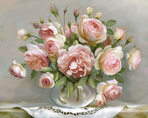 Розы в стеклянной вазочке (худ. Бузин И.)