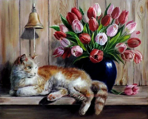 Кот и тюльпаны (худ. Воробьева О.)