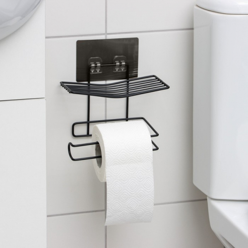 Держатель для туалетной бумаги с полочкой Доляна, 18,5×10,5×14,3 см, на липучке, цвет чёрный