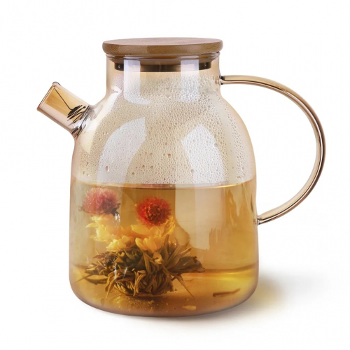 9543 FISSMAN Заварочный чайник 1800мл с бамбуковой крышкой и стальным фильтром (жаропрочное стекло)
