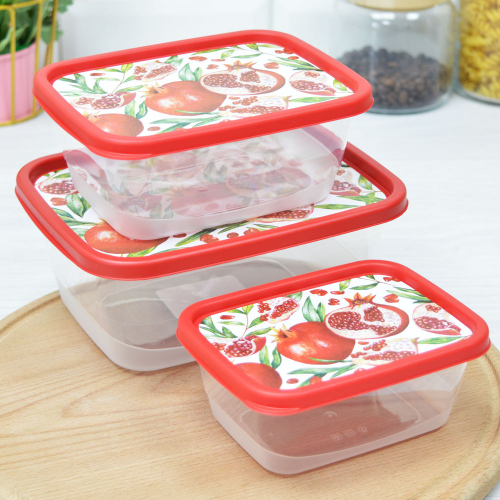 Комплект контейнеров для продуктов 3шт (0,5л; 0,85л; 1,5л), прямоугольные с декором (красный)